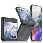 for Motorola Razr 2024 Case, Built-in Screen Protector& Hinge Protection & Ultra Thin PU Leather Matte PC Shockproof Phone Cover Smartphone Case for Moto Razr 2024(Black Gray)