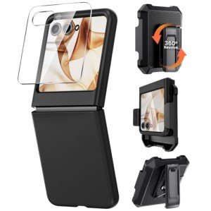 Caka for Motorola Razr 2024 Case with Clip, Moto Razr 2024 Case with Screen Protector [Not fit Razr Plus 2024], Slim Thin Flip Phone Cover and Belt Hip Holster Combo Accessories for Razr 50 - Black