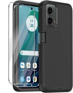 Annymall for Motorola Moto G 5G 2024 Case with 2 Screen Protector,Full Body Shockproof Drop Protection Dustproof Heavy Duty 3-Layer Military Rugged Durable Defender Cover (Black)