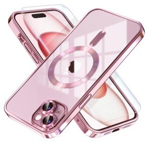 Misea Magnetic for iPhone 15 Case Compatible with MagSafe [Never Yellowing] [Military Grade Drop Protection] Full Camera Lens Protector Plating Soft Clear Phone Case for Women Girls, Pink