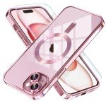 Misea Magnetic for iPhone 15 Case Compatible with MagSafe [Never Yellowing] [Military Grade Drop Protection] Full Camera Lens Protector Plating Soft Clear Phone Case for Women Girls, Pink