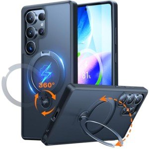 TORRAS 360° Spin Magnetic Stand for Samsung Galaxy S25 Ultra Case, Fit for Magsafe, Military Grade Slim Protective S25 Ultra Case with Kickstand & Ring Holder, Ostand Spin, Translucent Frosted Black