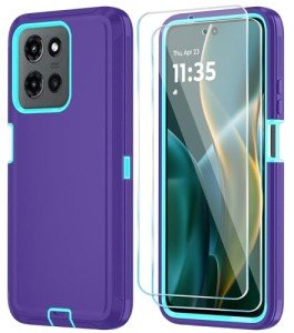 Qinmay Phone Case for Motorola Moto G 5G 2025/Moto G Play 5G 2025 Case with HD Screen Protector, Heavy Duty Shockproof & Dropproof 3-Layer Cover Phone Case,PurpleSkyBlue