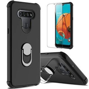 lovpec Case for LG K51 with Soft TPU Screen Protector, Ring Holder Kickstand Shockproof Protective Phone Cover Case Compatible with LG K51/for LG Q51/for LG Reflect (Black)