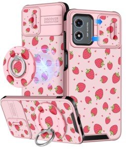 Buleens for Moto G Play 2024 Case 4G - with Ring Stand & Camera Cover Aesthetic Cute Designed Women Girls Pretty Girly Kawaii Strawberry Phone Case for Motorola G Play 2024 4G Compatible with Magsafe