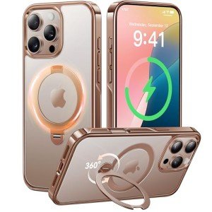 CASEKOO Desert Titanium for iPhone 16 Pro Case with 360° Spin Magnetic Stand [Compatible with Magsafe][16FT Military Protection] Polished Clear for iPhone 16 Pro Case Ring Kickstand 6.3'', Rose Gold