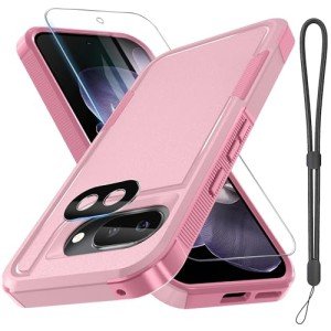 RMOCR Case for Google Pixel 9A, Full Body Heavy Duty Rugged Shockproof Protective Phone Cover with Lanyard Strap, Tempered Glass Screen Protector and Camera Lens Cover, Cute Pink