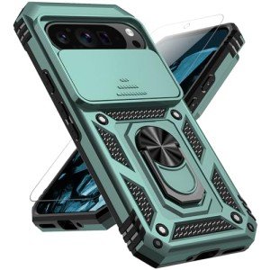 for Google Pixel 9 / Pixel 9 Pro Case with Slide Camera Cover Screen Protector [Military Grade Drop Tested] Magnetic Ring Holder Kickstand Protective Phone Case for Google Pixel 9/9 Pro, Dark Green