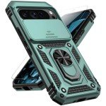 for Google Pixel 9 / Pixel 9 Pro Case with Slide Camera Cover Screen Protector [Military Grade Drop Tested] Magnetic Ring Holder Kickstand Protective Phone Case for Google Pixel 9/9 Pro, Dark Green