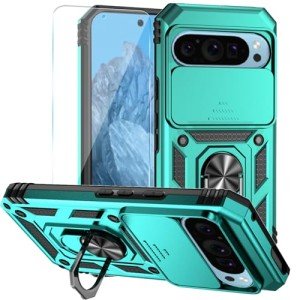 SunStory Phone Case for Google Pixel 9 / Pixel 9 Pro Case with HD Screen Protector & Slide Camera Cover & Rotated Ring Kickstand, [Military-Grade] Phone Case for Google Pixel 9 / Pixel 9 Pro (Teal)