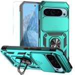 SunStory Phone Case for Google Pixel 9 / Pixel 9 Pro Case with HD Screen Protector & Slide Camera Cover & Rotated Ring Kickstand, [Military-Grade] Phone Case for Google Pixel 9 / Pixel 9 Pro (Teal)