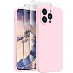 FireNova for iPhone 14 Pro Case, Silicone Upgraded [Camera Protection] Phone Case with [2 Screen Protectors], Soft Anti-Scratch Microfiber Lining Inside, 6.1 inch,Chalk Pink