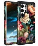 PIXIU Unique Flower Pattern Compatible with Samsung Galaxy S23 Ultra case,Heavy Duty Dual Layer Shockproof Full-Body Protective Sturdy Hybrid Cute Rugged Case for Women,Girls,Kids-Black Floral