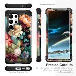 PIXIU Unique Flower Pattern Compatible with Samsung Galaxy S23 Ultra case,Heavy Duty Dual Layer Shockproof Full-Body Protective Sturdy Hybrid Cute Rugged Case for Women,Girls,Kids-Black Floral