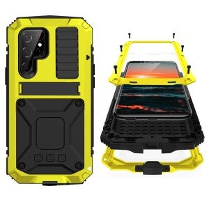 Simicoo Compatible with Samsung S23 Ultra Metal Case with Screen Protector Camera Cover Military Rugged Heavy Duty S23 Ultra Case Metal Kickstand Full Body Tough Dustproof Shockproof Cover (Yellow)