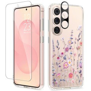 GVIEWIN for Samsung Galaxy S25 Plus Case with Screen Protector & Camera Lens Protector, [Non Yellowing] Clear Floral Hard Shockproof Bumper Women Phone Case for S25 Plus 6.7" (Floratopia/Colorful)
