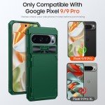 CENMASO for Google Pixel 9 Pro Case/Pixel 9 Case with Card Holder (4 Cards) & Sliding Camera Cover & Kickstand【RFID Blocking】 Full-Body Shockproof Wallet Phone Case for Pixel 9/9 Pro-Green