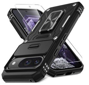 DEERLAMN Case for Google Pixel 9/9 Pro with Slide Camera Cover+Screen Protector(1 Pack), Rotated Ring Kickstand Military Grade Shockproof Protective Cover-Black