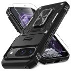 DEERLAMN Case for Google Pixel 9/9 Pro with Slide Camera Cover+Screen Protector(1 Pack), Rotated Ring Kickstand Military Grade Shockproof Protective Cover-Black