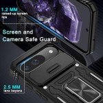 DEERLAMN Case for Google Pixel 9/9 Pro with Slide Camera Cover+Screen Protector(1 Pack), Rotated Ring Kickstand Military Grade Shockproof Protective Cover-Black