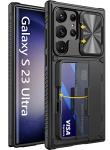 Vihibii for Samsung Galaxy S23 Ultra Case with Card Holder (4 Cards) & Sliding Camera Cover & Kickstand, Shockproof Rugged Hard Back & TPU Edge Wallet Cover for Galaxy S23 Ultra 5G 6.8" 2023, Black