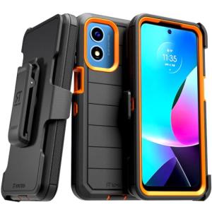 Designed for Motorola Moto G Power 5G (2024) Case with Belt Clip Holster & Kickstand, Screenless Dual-Layer Shockproof Phone Case - Black & Orange