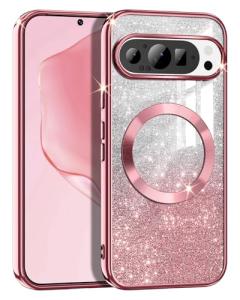 Casetego for Google Pixel 9/9 Pro Case, Compatible with MagSafe, Glitter Sparkle Magnetic Plated Slim Shockproof Soft TPU Bumper Full Protection Case, Rose Gold