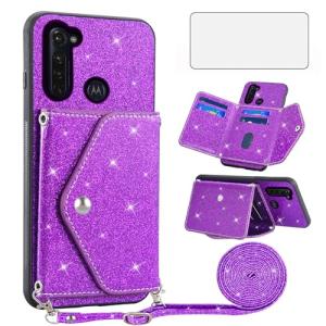 Asuwish Phone Case for Moto G Stylus 2020 MotoG Pro Wallet Cover with Tempered Glass Screen Protector and Crossbody Strap Bling Glitter Card Holder Motorola GStylus Stylo XT2043-4 XT2043 Purple