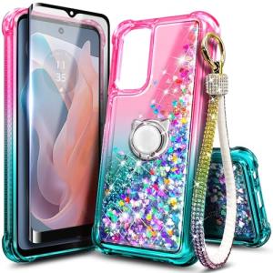 WDHD Compatible with Motorola Moto G-5G-2024 Case Pink/Aqua | Glitter Bling Sparkly Floating Liquid Cute Phone Cover with Tempered Glass Screen Protector/Ring Holder/Diamond Wrist Strap Lanyard