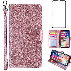 Asuwish Compatible with LG Stylo 6/Stylo6 Plus/K71 Stylus Glitter Wallet Case and Tempered Glass Screen Protector Cover Cell Accessories Holder Slot Stand Phone Cases for LGStylo6 6+ 6plus 2020 Pink