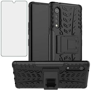 Phone Case for LG Velvet 5G/LGVelvet Verizon G5 UW T-mobile 2020 with Tempered Glass Screen Protector Cover and Stand Kickstand Hard Rugged Hybrid Cell Accessories LM G900UM 4G Tmobile Cases Men Black