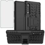 Phone Case for LG Velvet 5G/LGVelvet Verizon G5 UW T-mobile 2020 with Tempered Glass Screen Protector Cover and Stand Kickstand Hard Rugged Hybrid Cell Accessories LM G900UM 4G Tmobile Cases Men Black