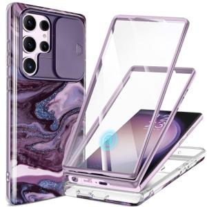 GVIEWIN for Samsung Galaxy S23 Ultra Case with Slide Camera Cover, [Built-in Screen Protector] [2 Front Frames] Military Grade Shockproof Marble Phone Case Fit S23 Ultra 6.8", Quicksand/Purple