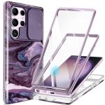 GVIEWIN for Samsung Galaxy S23 Ultra Case with Slide Camera Cover, [Built-in Screen Protector] [2 Front Frames] Military Grade Shockproof Marble Phone Case Fit S23 Ultra 6.8", Quicksand/Purple