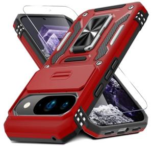 DEERLAMN Case for Google Pixel 10/10 Pro with Slide Camera Cover+Screen Protector(1 Pack), Rotated Ring Kickstand Military Grade Shockproof Protective Cover-Red