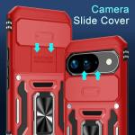 DEERLAMN Case for Google Pixel 10/10 Pro with Slide Camera Cover+Screen Protector(1 Pack), Rotated Ring Kickstand Military Grade Shockproof Protective Cover-Red