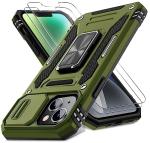 DEERLAMN Case for iPhone 13/iPhone 14 6.1-Inch with Slide Camera Cover+Screen Protector(2 Packs),Rotated Ring Kickstand Military Grade Shockproof Protective Cover-Olive Green
