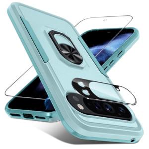 for Google Pixel 10/10 Pro Case with Screen Protector + Camera Lens Protector,Heavy Duty Shockproof Full Body Protective Cover Built in Rotatable Metal Ring Holder Kickstand,2025 Mint Green