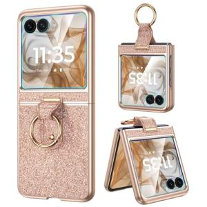Caka Bling Case for Motorola Razr 2024/2025 Case [NOT for Plus or Ultra], with Finger Ring Holder & Built-in Screen Protector, Slim Thin Protective Phone Cover for Moto Razr 2024 & 2025 - Rose Gold