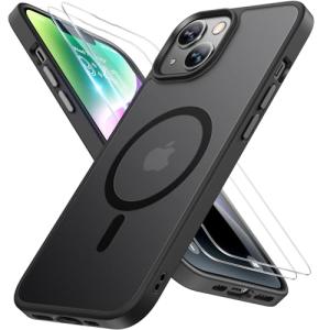 Miracase Magnetic for iPhone 14 Case 6.1 inch (Compatible with MagSafe)（with 2X Screen Protectors） Military-Grade Protection, Anti-Fingerprint Translucent Matte Phone Case Cover, Black