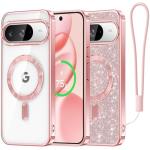 Meifigno Designed for Google Pixel 10/10 Pro Case 6.3", [Glitter Card & Wrist Strap][Compatible with MagSafe] Transparent Back and Electroplated Edges for Pixel 10 Pro Case/Pixel 10 Case, Rose Gold
