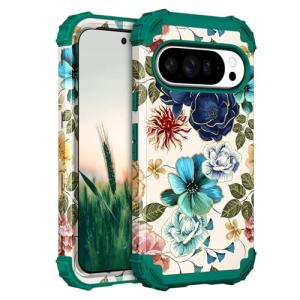 Hocase for Google Pixel 10 Case, Shockproof Heavy Duty Protection Hard Plastic+Silicone Rubber Bumper Hybrid Protective Case for Google Pixel 10/10 Pro 6.3" 2025 - Teal Flowers