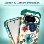 Hocase for Google Pixel 10 Case, Shockproof Heavy Duty Protection Hard Plastic+Silicone Rubber Bumper Hybrid Protective Case for Google Pixel 10/10 Pro 6.3" 2025 - Teal Flowers
