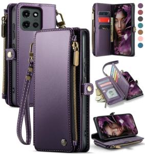 Defencase Compatible with Moto G - 2025 Case, RFID Blocking Wallet Case for Motorola Moto G 5G 2025 PU Leather Magnetic Flip Wrist Strap Zipper Card Holder Phone Cases for Women and Men, Purple