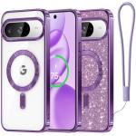 Meifigno Designed for Google Pixel 10/10 Pro Case 6.3", [Glitter Card & Wrist Strap][Compatible with MagSafe] Transparent Back and Electroplated Edges for Pixel 10 Pro Case/Pixel 10 Case, Purple