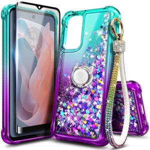 WDHD Compatible with Motorola Moto G-Play-2024 Case Aqua/Purple | Glitter Bling Sparkly Floating Liquid Cute Phone Cover with Tempered Glass Screen Protector/Ring Holder/Diamond Wrist Strap Lanyard