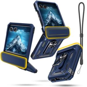 Janmitta Compatible with Moto Razr 2024/2025 Case,Razr+ Plus 2024/2025 Case with Lanyard+Hinge Protection+Finger Ring Holder Kickstand,Dual-Layer Full Body Protective Shockproof Phone Cover,Blue