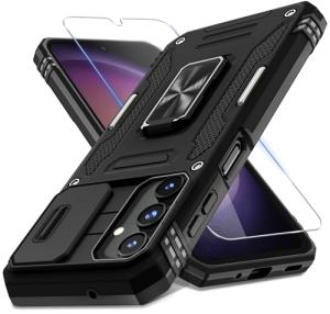 DEERLAMN Case for Samsung Galaxy A16 5G with Slide Camera Cover+Screen Protector (1 Pack), Rotated Ring Kickstand Military Grade Shockproof Protective Cover-Black