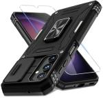 DEERLAMN Case for Samsung Galaxy A16 5G with Slide Camera Cover+Screen Protector (1 Pack), Rotated Ring Kickstand Military Grade Shockproof Protective Cover-Black