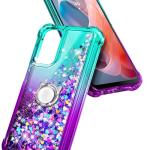 WDHD Compatible with Motorola Moto G-Play-2024 Case Aqua/Purple | Glitter Bling Sparkly Floating Liquid Cute Phone Cover with Tempered Glass Screen Protector/Ring Holder/Diamond Wrist Strap Lanyard